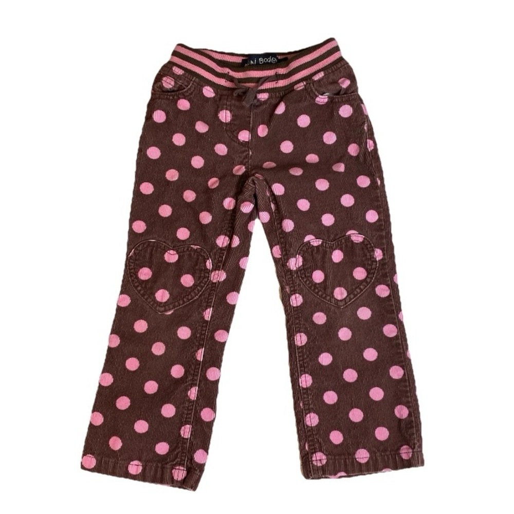 Mini Boden Girls Corduroy Pants Brown Pink Polka Dots Heart Patches Pull On Sz 4